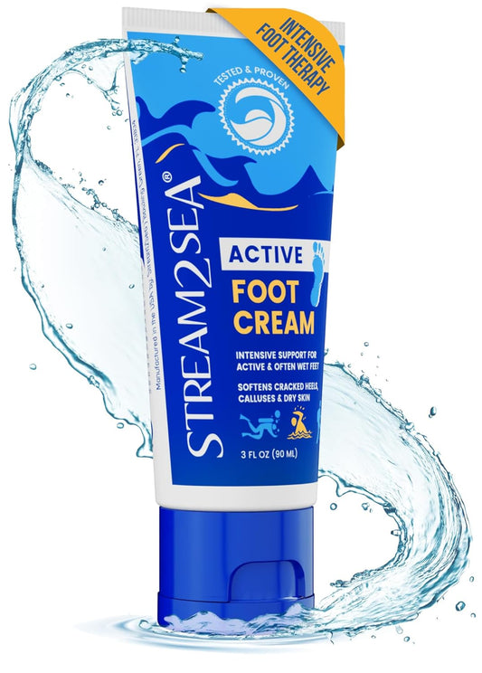 STREAM 2 SEA Active Foot Cream, Intensive Support for Active & Often Wet Feet - Softens Cracked Heels, Calluses & Dry Skin, Enriched with Neem and Tea Tree, Fast-absorbing and Non-greasy - 3 Fl oz | alldaygood beauty