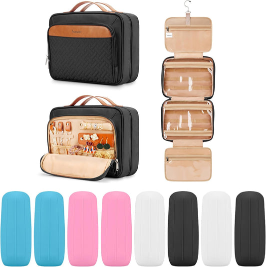 Travel Hanging Toiletry Bag for Women and Men, with 8 Leak Proofing Silicone Bottle Covers, Waterproof Makeup Accessories, Cosmetic Essentials, Cruise Ship Toiletries Bag with Jewelry Organizer, Black