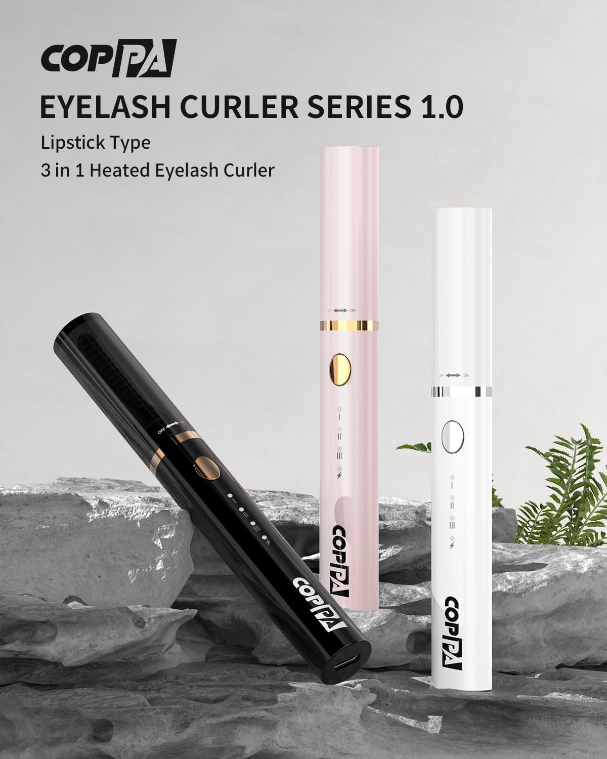 COPPA Electric Lash Curler, LP-1 Lipstick Type 3-in-1 Heated Eyelash Curler with 3 Brush Heads 3 Curling Modes and 3 Temp & 5s Quick Heat-up, Perfect for Beginners and Makeup Pros, White