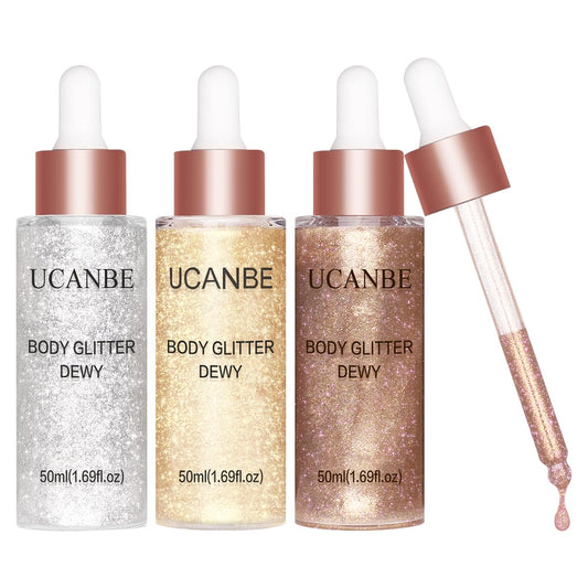 UCANBE Glow Shimmer Drop Set for Women Highlighter Makeup Body Glitter Dewy Liquid Face Holographic Luminizer Sparkles for Face (3 Pcs) | alldaygood beauty