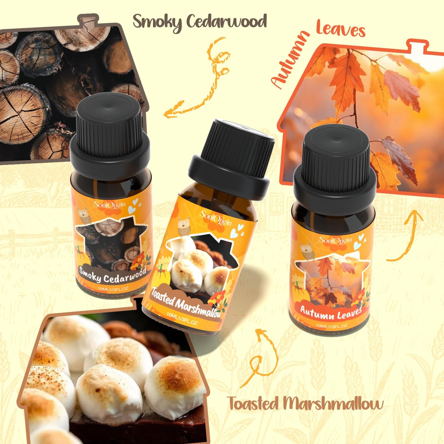 Fall Cozy Cabin Fragrance Oils Set, Essential Oil for Diffuser, Use for Soap Candle Making-Smoky Cedar Wood, Roasted Marshmallows, Autumn Leaves, Warm Flannel, Fireplace Time, Pumpkin Patch