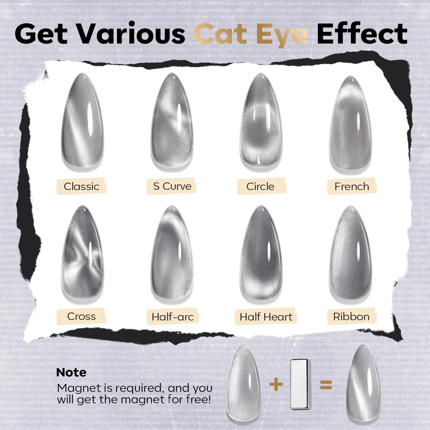 modelones Nail Polish Set, 6 Colors White Black Nail Polish with Magnet Glitter Cat Eye Magnetic Non Toxic Quick Dry Fingernail Polish Salon Home DIY Gifts For Women Girl