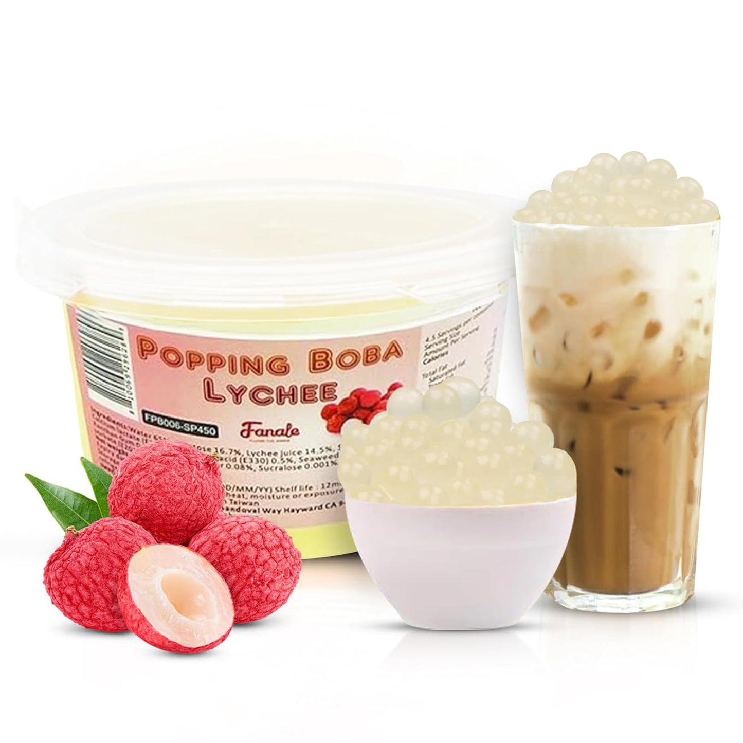 Fanale Lychee Popping Boba Pearls, Vegan, Non GMO, Gluten Free, Fat Free, Perfect for Bubble Tea, Smoothies, Ice Cream, Desserts, and Beverages 1lb x 12.