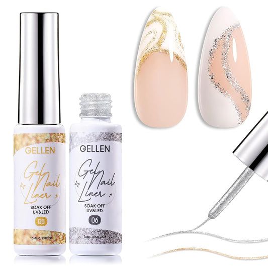 GELLEN Gold Silver Liner Gel Nail Polish, 2Pcs 10ml Soak off Uv Lamp Glitter Nail Art Polish Set with Built Thin Brush, Gel Art Paint for Sparkly Shiny Swirl Nails, Christmas Diy Gift for Women Girls | alldaygood beauty