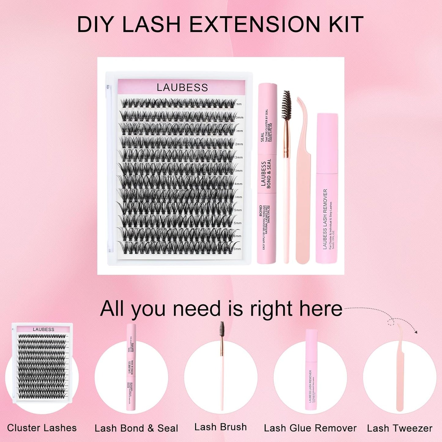 Lash Clusters Kit LAUBESS DIY Lash Extension Kit Lash Bond and Seal Waterproof Lash Glue Remover Tweezers Brush Cluster Eyelash Extensions Kit Eyelash Clusters (Kit 40D-C-Mix14-18)