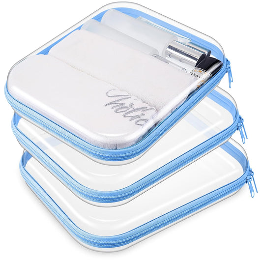 Hoolerry 3 Pcs Clear Hard Zipper Case Plastic Pouch Transparent Hard Case Clear Makeup Bag Portable Travel Organizer Bin for Cosmetics, Building Blocks, Puzzles(Blue,M)