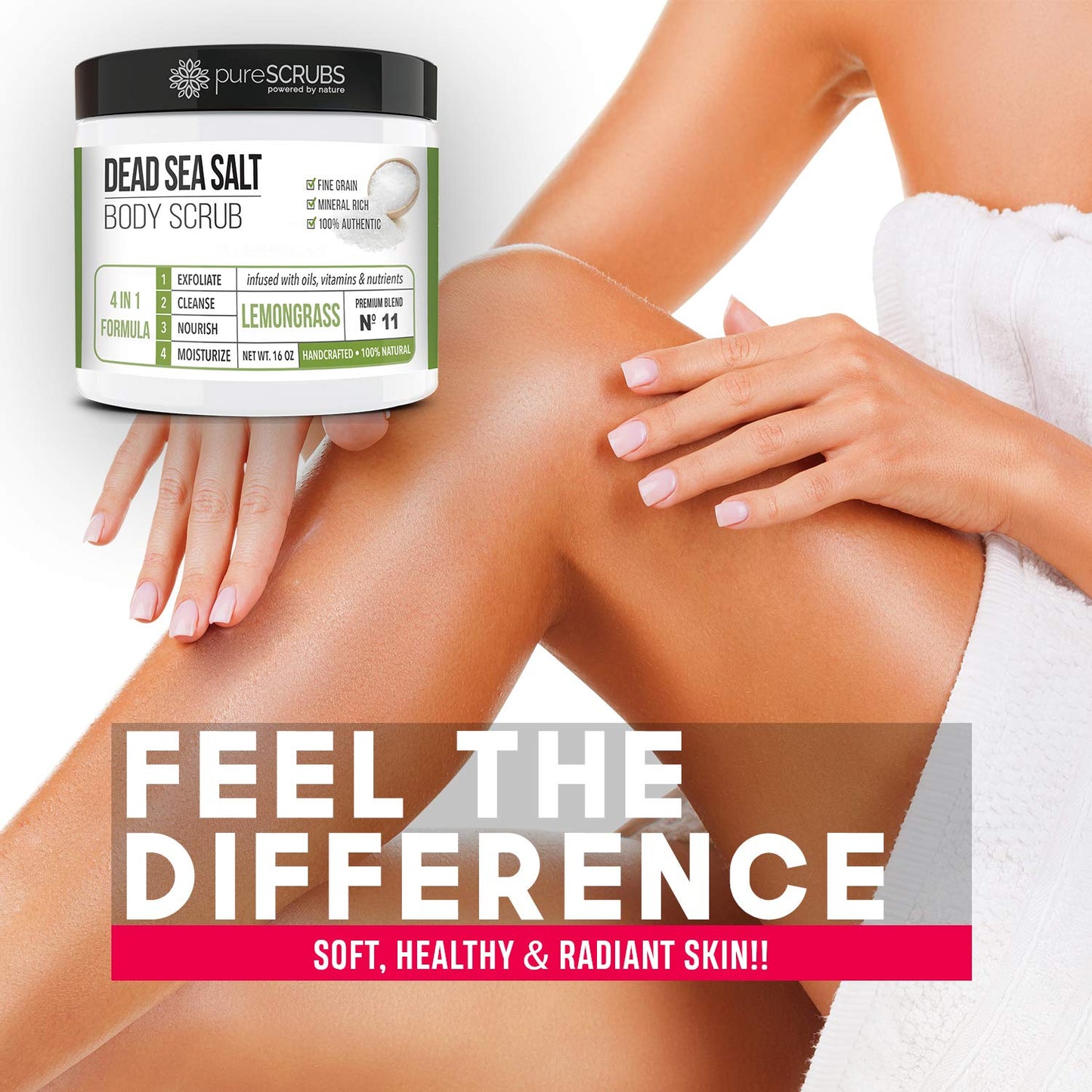 pureSCRUBS Premium Lemongrass Dead Sea Salt Body Exfoliator Scrub, Full Exfoliating Body Scrubber - Large 16oz Jar, Filled With Essential Oils, Includes Spoon, Loofah & Exfoliating Skin Soap