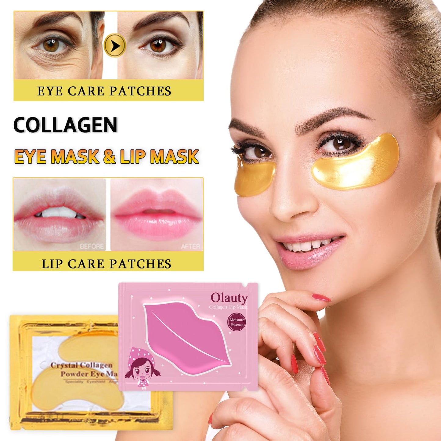 firstfly 30 Pairs Collagen Lip Masks & 24K Gold Eye Masks, Reduce Dark Circles, Puffy Eyes, Undereye Bags, Wrinkles, Effectively Nourishes the Lip & Eye Skin Gel Eye Patches