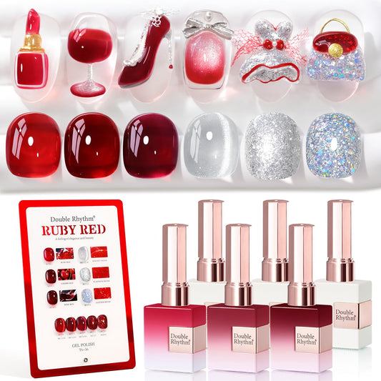 Double Rhythm 6 Pcs 15 ML Gel Polish Set Same Color Same Bottle Soak Off Gel Polish Kit Nail Art Manicure Salon DIY at Home for Women (Jelly Burgundy Red Glitter Silver -T6-56) | alldaygood beauty