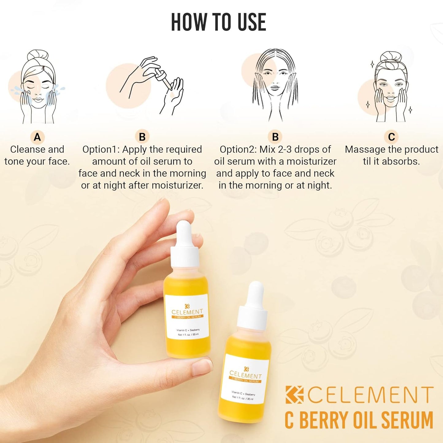 C Berry Oil Serum with Vitamin C, Sea Buckthorn, Rosehip, Jojoba, Squalane - Reduces Hyperpigmentation, Age Spots, Scars, Fine Lines - Nail and Cuticle Treatment - Glowing Skin, 1 fl. oz