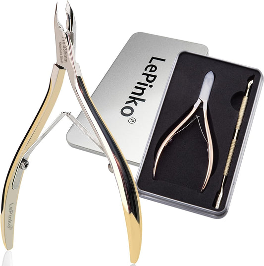LePinko Salon-Quality Cuticle Trimmer with Cuticle Pusher, Super Labor-saving Cuticle Cutter, Sharp Cuticle Clippers for Manicurist, 5mm Jaw, Golden | alldaygood beauty