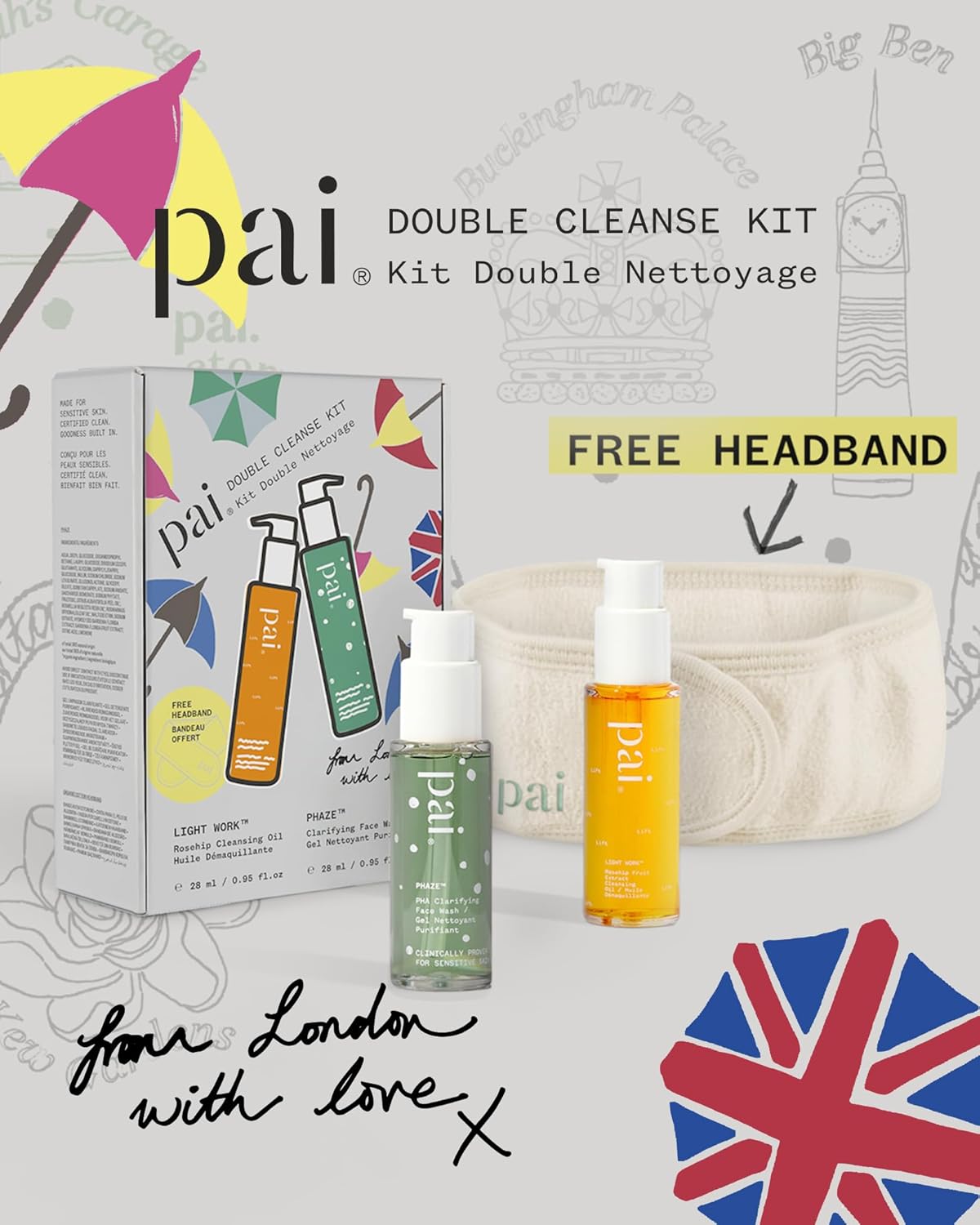 Pai Skincare London | DOUBLE CLEANSE - FROM LONDON WITH LOVE Beauty Gift Set. Organic Face Wash, Makeup Remover & Headband, Suitable for Sensitive Skin & All Skin Types. Made In London.