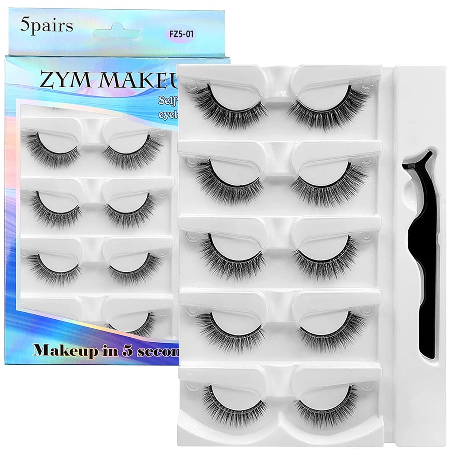 Self Adhesive Eyelashes Natural Look False Eyelashes Reusable Self Stick Lashes, No Glue Needed, 5 Pairs Mixed