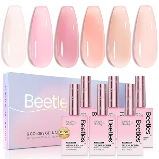 Beetles Nude Pink Gel Nail Polish Set, 6 Colors Hema Free Light Pink Jelly Gel Polish Translucent 15ML Full Size Nail Concealer High Gloss Soak Off UV Salon Spring Colorful Bottle Gel Gift for Women | alldaygood beauty