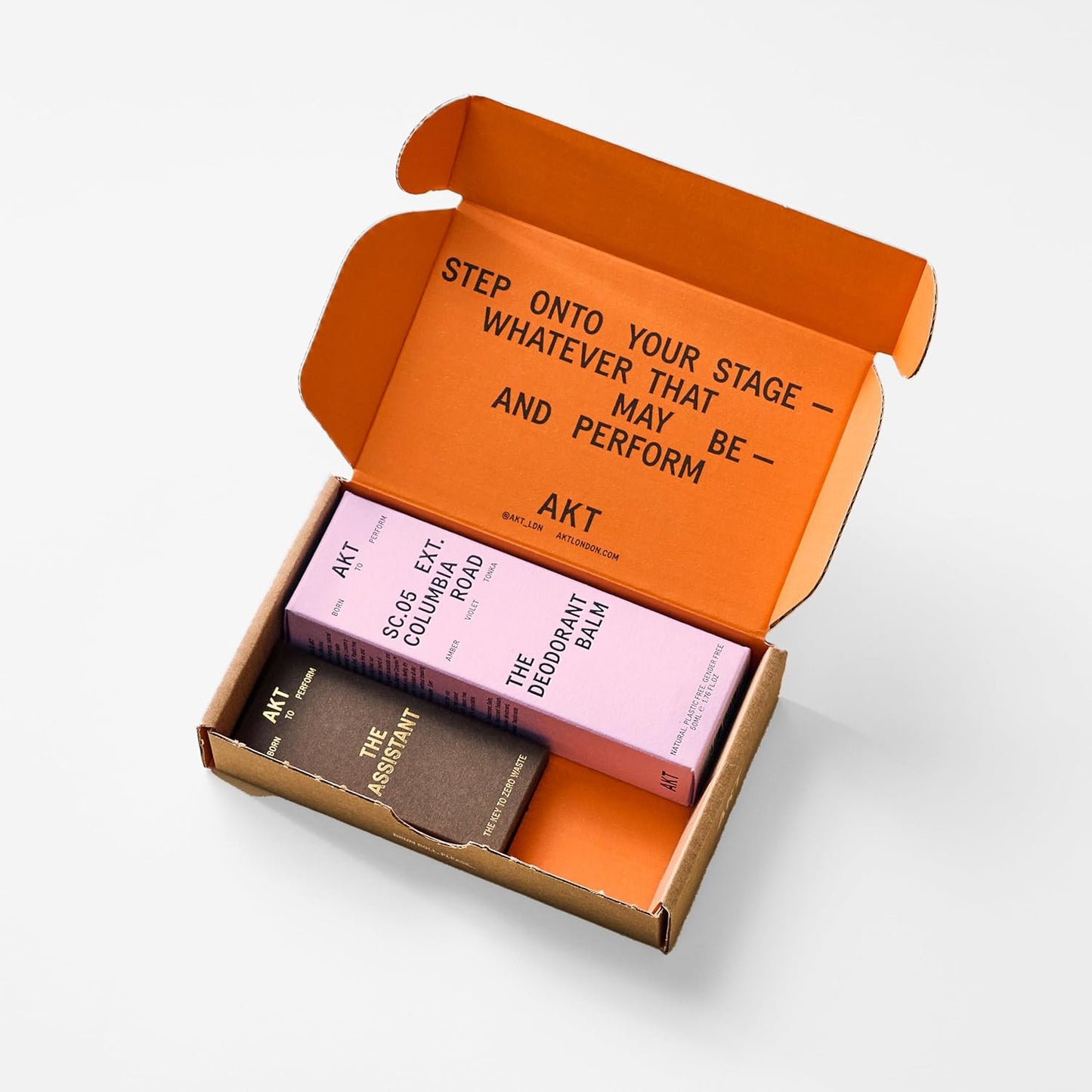 AKT, THE DEODORANT BALM. Award winning, multi-use, natural deodorant. Plastic Free. Gender Free. Aluminium Free. 100% effective — 1 tube lasts up to 3 months. SC.05 COLUMBIA ROAD 50ml/1.76 FL.OZ