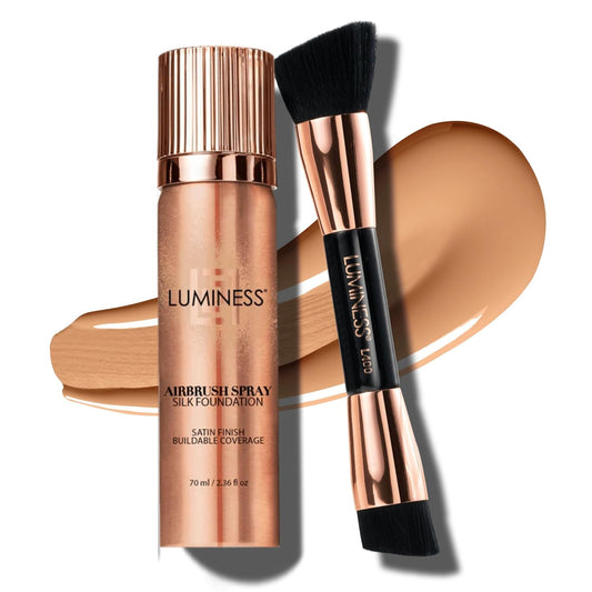 LUMINESS Silk Airbrush Spray Foundation & Buffing Brush Kit – Full Coverage Foundation & Dual-Sided Buffing Brush - Buildable Coverage, Anti-Aging Formula Hydrates & Moisturizes (Shade - Light Warm) | alldaygood beauty