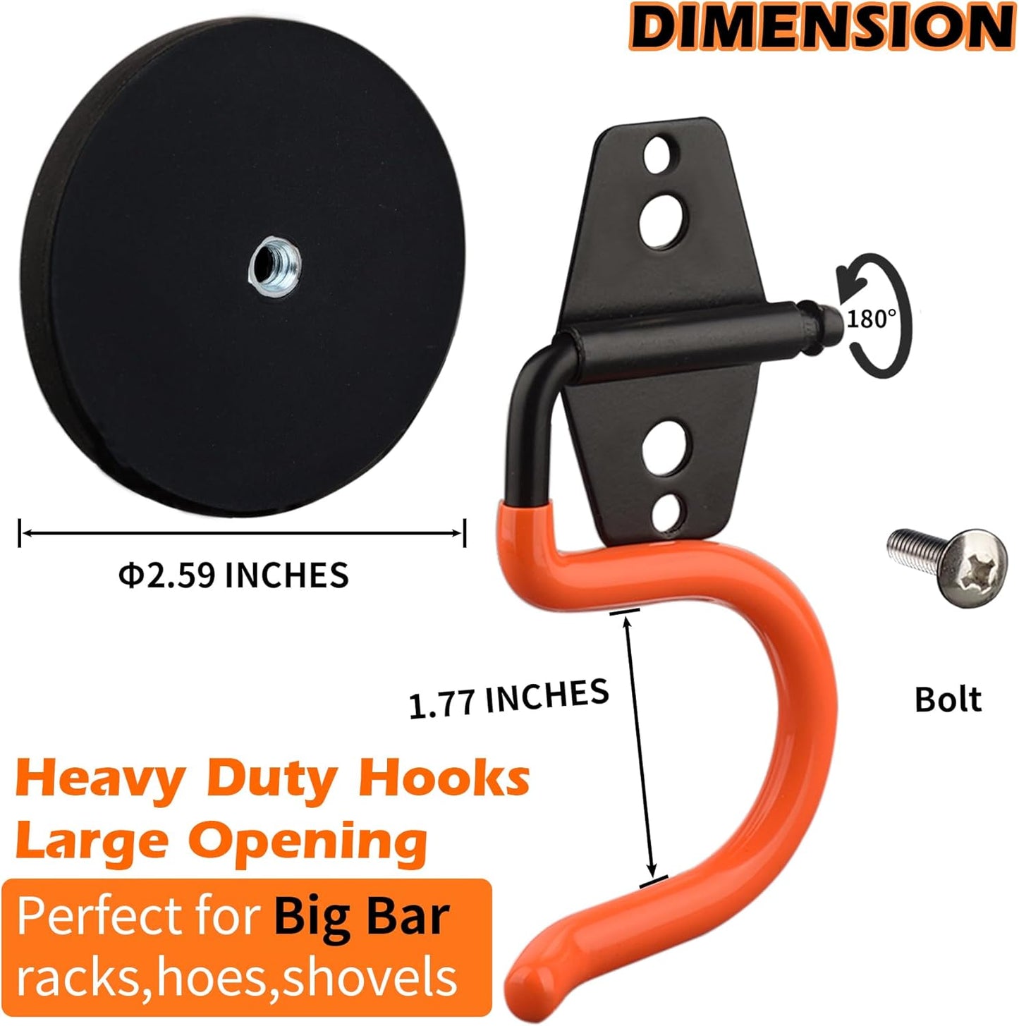 MUTUACTOR Magnetic Broom Holder,Non-Slip Garage Storage Hooks Heavy Duty,Strong Metal Hooks Magnetic Tools Holder for Snow Shovels Garage Racks Garden Hoes in Garden Warehouse(2Pack,Orange)