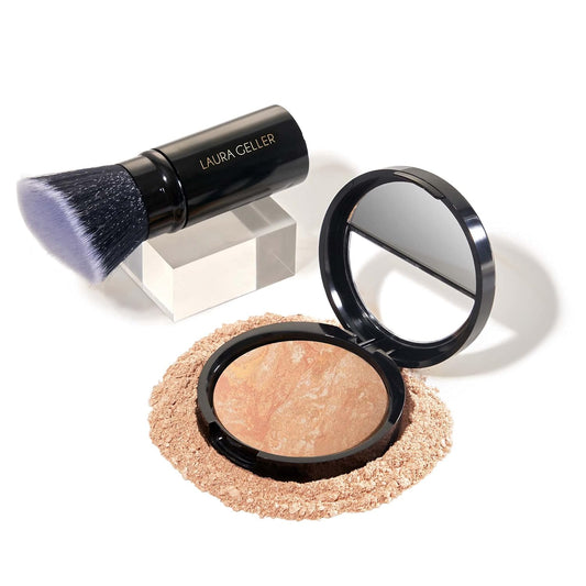 LAURA GELLER NEW YORK Baked Balance-n-Brighten Foundation with Kabuki Brush Makeup Set, Light | alldaygood beauty