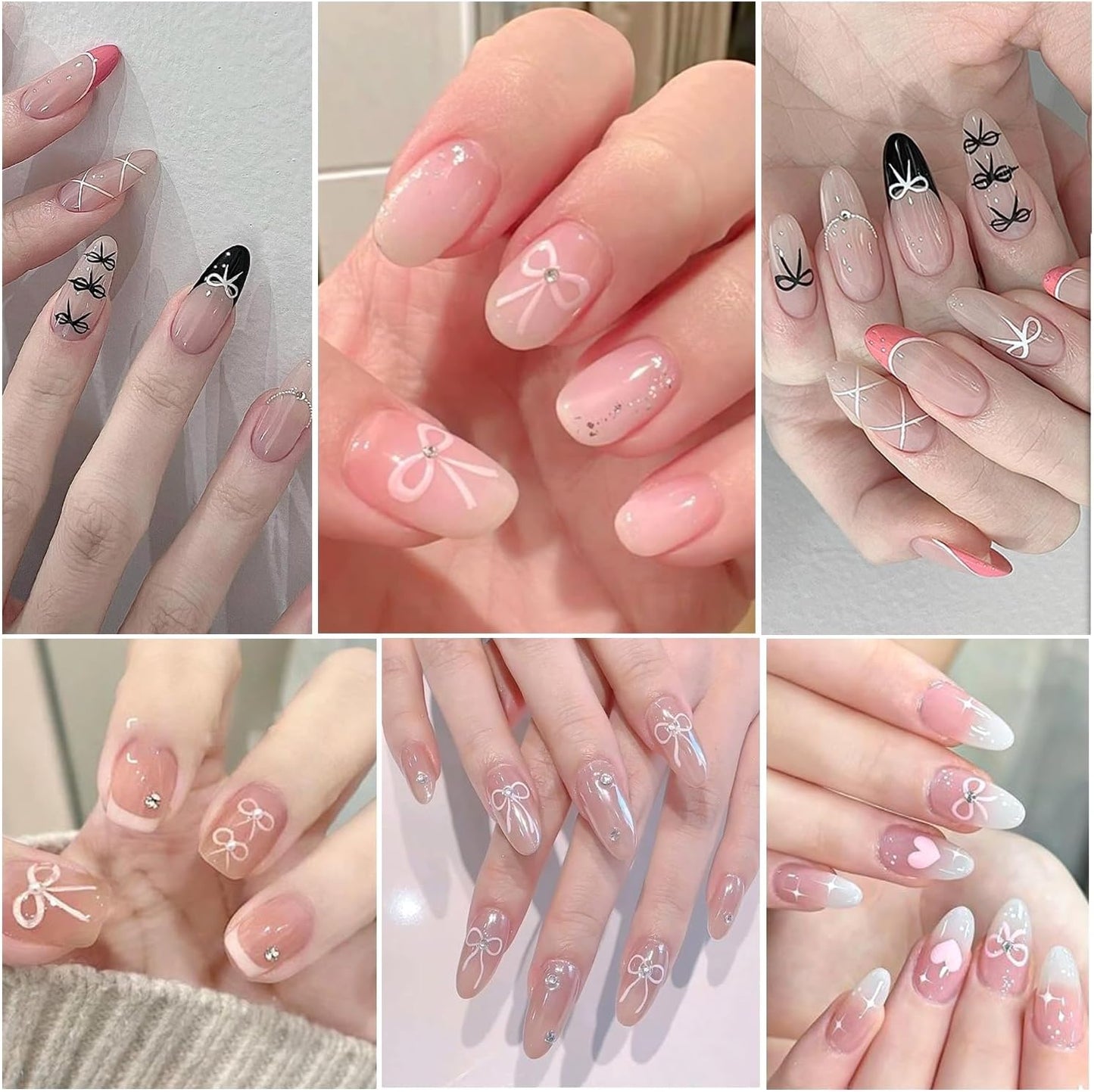 12 Sheets Self-Adhesive Bow Nail Stickers - 3D Decals for Nail Art - Black, White, Pink - DIY Manicure Decorations for Women & Girls