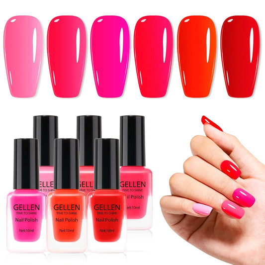 GELLEN Red Pink Nail Polish, Quick Air Dry Natural Traditional Regular Nail Polish Bright Red Hot Pink Set for Acrylic Natural Nails Home Salon, Non UV Gel, Chip Resistant, Hema Free, Non-toxic, 10ml | alldaygood beauty