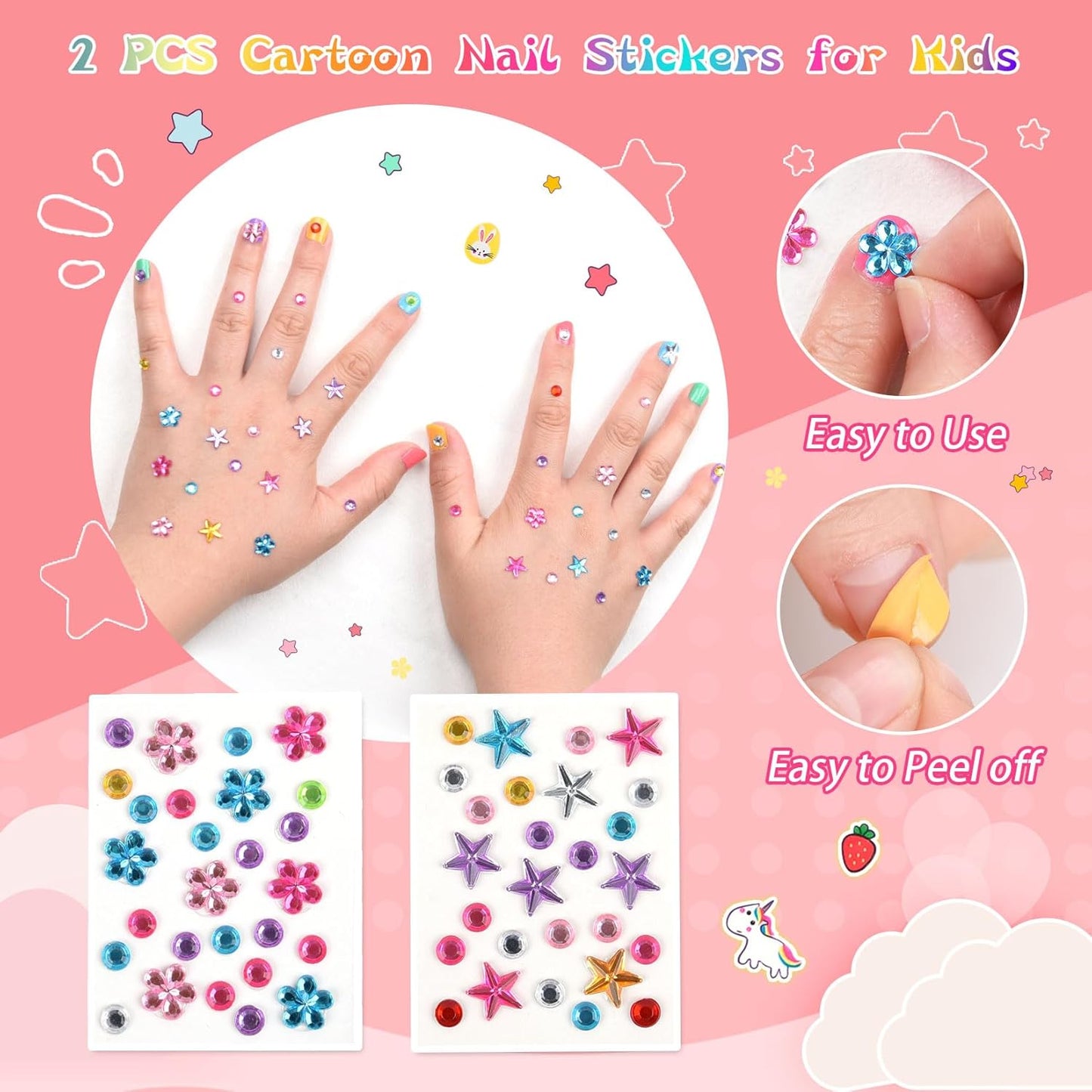 wakaniya Kids Nail Polish Set for Girls with Gems Nail Stickers, 7 Colors Non Toxic Safe Nail Polish Peel-Off Low Odor