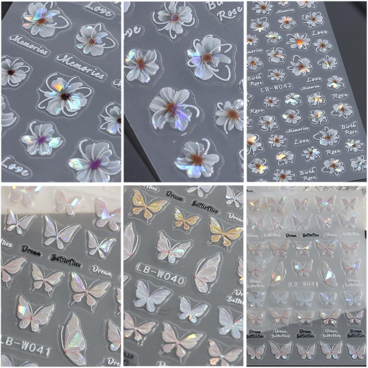 5D Embossed Spring Flower Nail Stickers, 4 Sheets Holographic Shiny Butterfly Nail Stickers, Cherry Blossom Nail Decals, Self-Adhesive Pegatinas para Uñas, Summer Floral Manicure Design