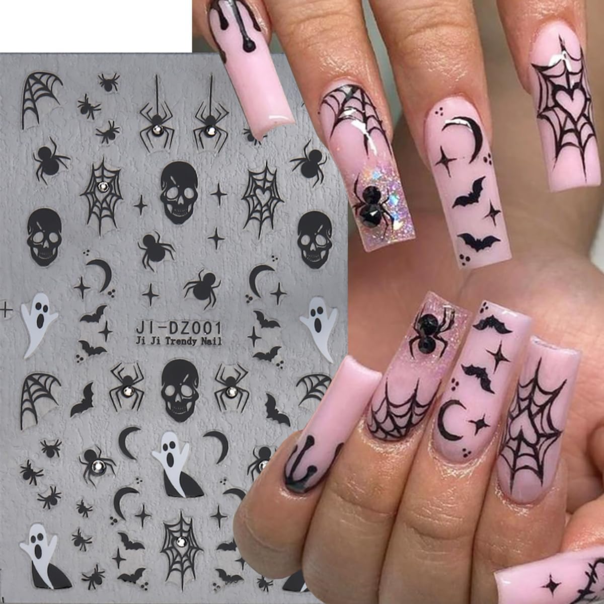 6 Sheets Nail Art Stickers Decals - White Pink Ghost Spider Bats 3D Halloween Pumpkin Skull Spider Web Self Adhesive Nail Decals for Women DIY Nail Decoration