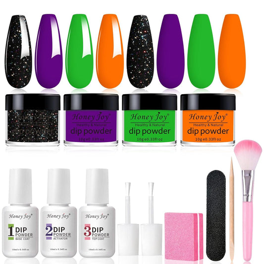 Honey Joy Dip Powder Nail Kit Starter, 4 Colors Halloween Witch Black Pumpkin Orange Mystic Purple Dipping Powder Liquid Set with Base Top Coat for Nail Art Manicure Salon DIY, Dip-7pcs-No.10