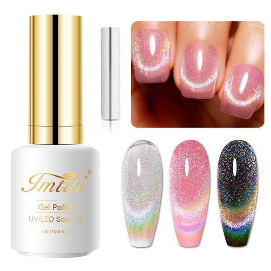 Imtiti Cat Eye Gel Nail Polish, 15ml Glitter Rainbow Holographic Gel Nail Polish with Magnet Iridescent Reflective Shimmer Translucent UV Gel Polish 0.51 Fl Oz | alldaygood beauty