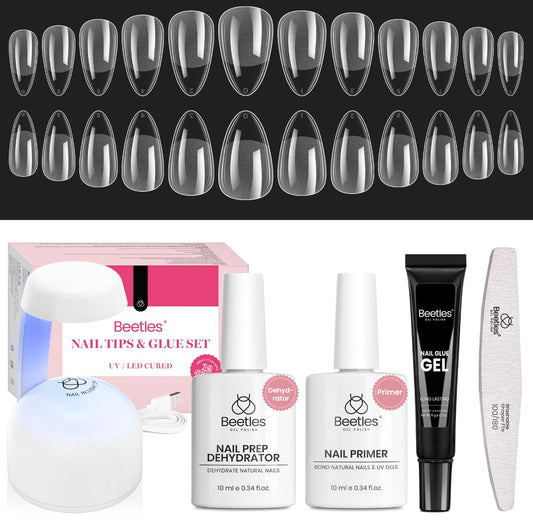Beetles Gel Nail Kit Short Almond with Nail Dehydrator and Primer, 576Pcs Half Matte Etch-X Gel Nail Tips Solid Nail Glue Mini Nail Lamp Acrylic Nail Tips Easy DIY Nail Extension Set Gift for Women | alldaygood beauty