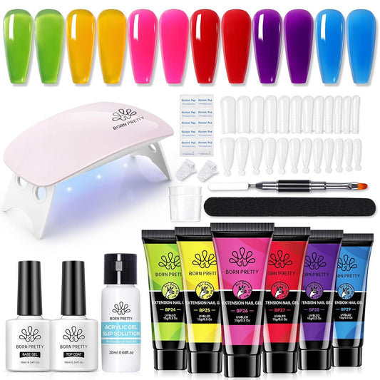 BORN PRETTY Neon Extension Nail Gel Kit-6 Colors Gel Kit Neon Pink Blue All-In-1 with Nail Lamp Base Top Coat Set Nail Forms French Manicure Set