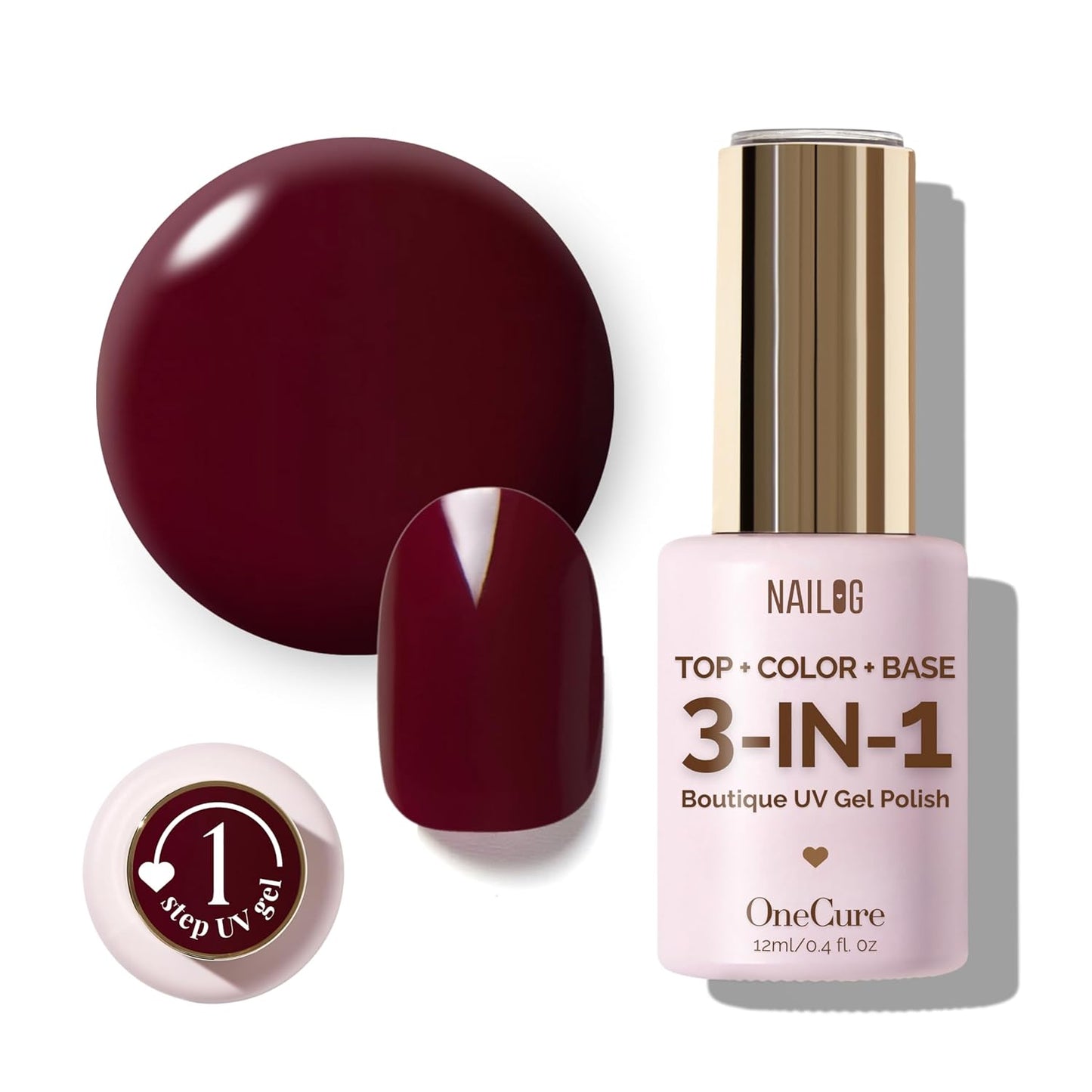 NAILOG One Step Dark Red Gel Nail Polish 12ml Top Coat Color Gel Base 3-In-1 Formula Soak Off UV Gel Polish for Home DIY & Gifting | Deep Plum Red