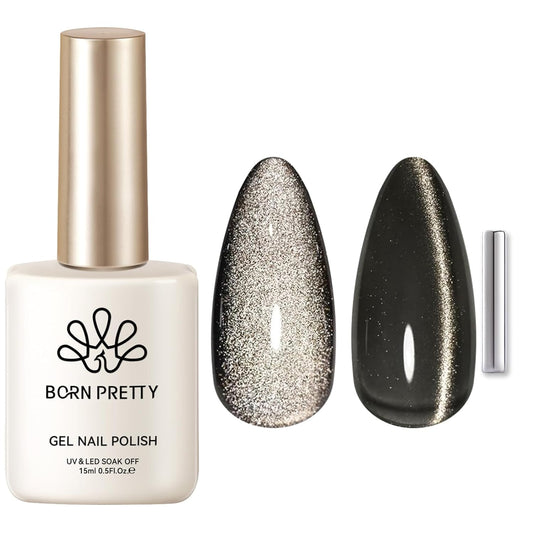 Born Pretty Cat Magnetic Eye Gel Nail Polish, Black Pearl Glitter Cat Magnetic Gel Nail Polish, Holographic Magnetic Nail Polish for Nail Art Manicure Salon DIY at Home 15ML | alldaygood beauty