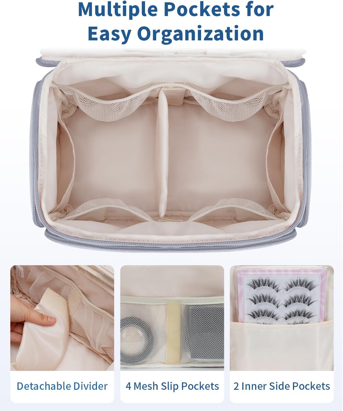 WANDF Travel Toiletry Bag for Women, Wide-open Large Makeup Bag with Handle, Puffy Makeup Organizer for Toiletries, Cosmetics, Accessories, Essentials (Slate Blue)