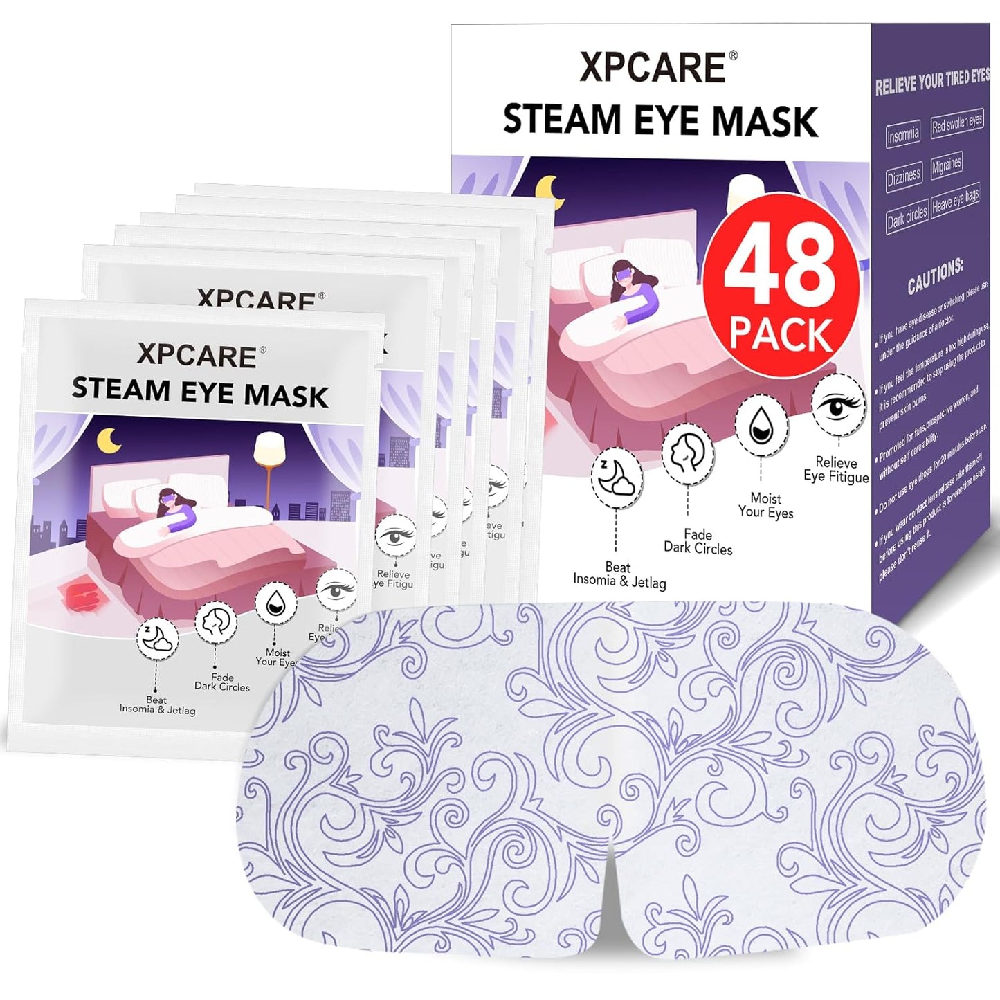 XPCARE 48 Pack Steam Eye Masks for Dry Eyes, Self Heated Steam Warm Eye Mask, Disposable Heated Eye Mask for Dark Circles, Puffy Eyes, Relief Stress Eye Fatigue (Unscented)