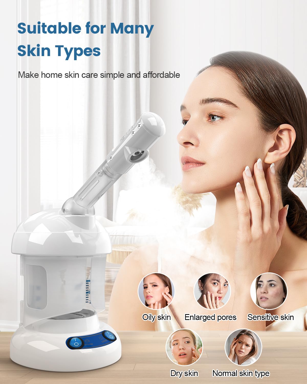 Tabletop Facial Steamer - Kingsteam Nano Ionic Face Steamer with 360° Rotating Arm, Moisturize, Remove Blackheads, Portable Facial Steamer for Home Facial Spa or Beauty Salon, White