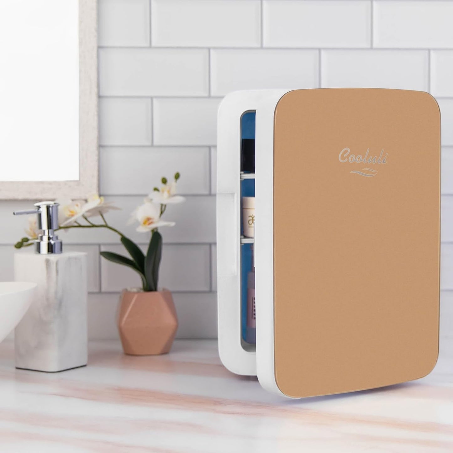 Cooluli 10L Mini Fridge for Bedroom - Car, Office Desk & College Dorm Room - 12v Portable Cooler & Warmer for Food, Drinks, Skincare, Beauty & Makeup - AC/DC Small Refrigerator with Glass Front, Gold