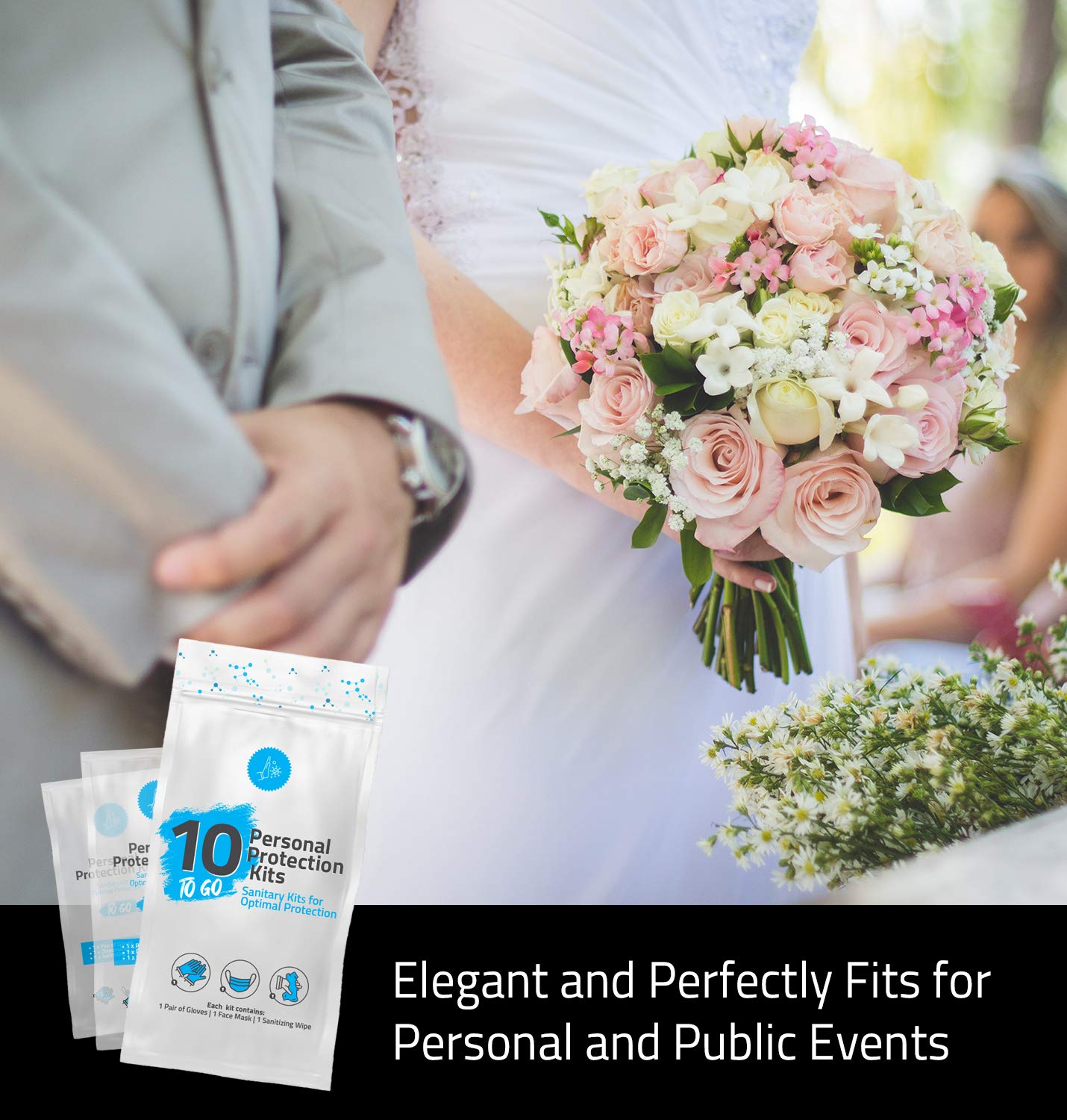 All-in-One Personal Protection Kits to GO - 10 Pack - With Plastic Gloves, Hand Cleansing Wipes, Disposable Face Mask