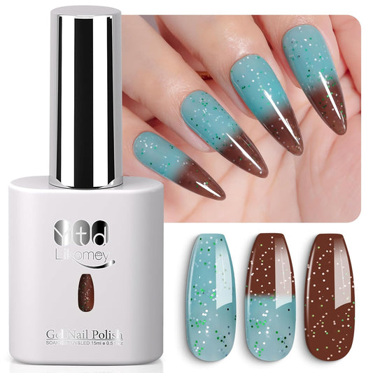 YTD Likomey Color Changing Gel Nail Polish,15ml Turquoise To Brown Shimmer Glitter Mood Temperature Change Colors UV Nail Gel,Fall Winter Thermal Ombre Manicure Varnish,WB430 | alldaygood beauty