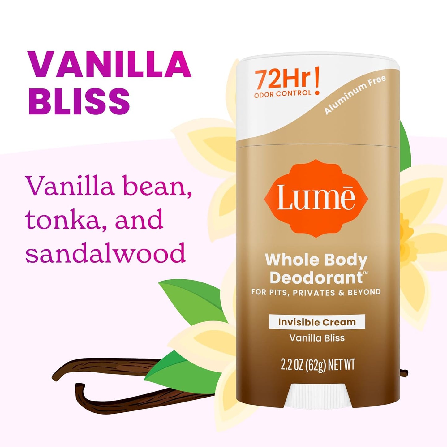 Lume Whole Body Deodorant - Invisible Cream Stick - 72 Hour Odor Control - Doctor Developed - Aluminum Free, Baking Soda Free and Skin Loving - 2.2 Ounce (Pack of 2) (Vanilla Bliss)