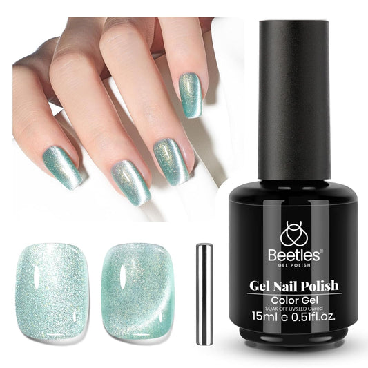 Beetles Green Cat Eye Gel Polish, 15ML Mint Green Cat Eye Glitter Gel Polish with Magnet Soak Off UV Shimmer Velvet Gel Mint Stardust Series French Nail Art Design Manicure Gifts for Women | alldaygood beauty