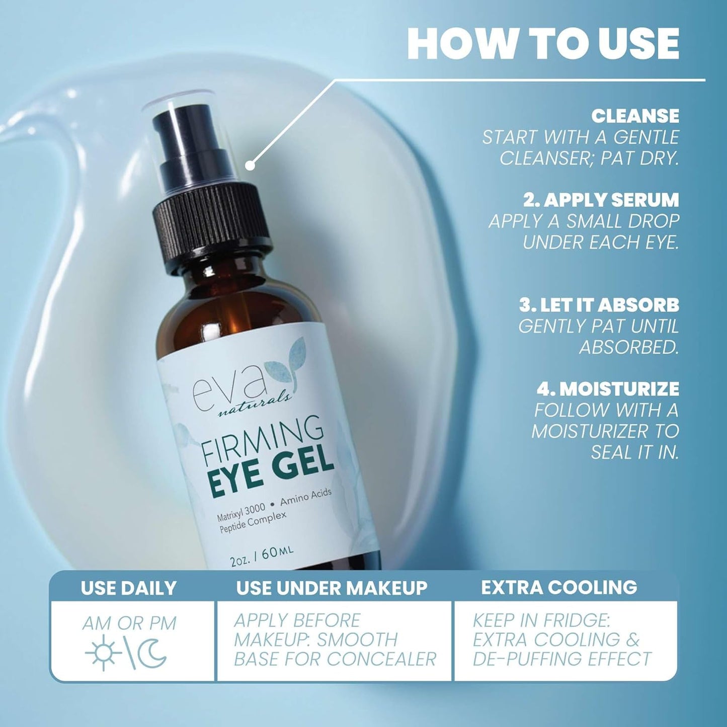 Eva Naturals Eye Gel for Dark Circles, Bags & Puffiness – Anti-Aging Serum with Peptides, Hyaluronic Acid & Botanicals – Firming Under Eye Treatment for Wrinkles, Fine Lines & Tired Skin – 2 oz