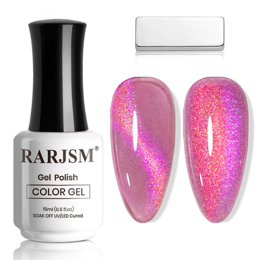 RARJSM Rose Pink Aurora Cat Eye Gel Nail Polish Multichrome Color Glitter Fuchsia Candy Glass Diamond Cat Eye Gel Polish with Magnet Stick Soak off UV LED Curing Requires Home Salon Diy Nail Art | alldaygood beauty