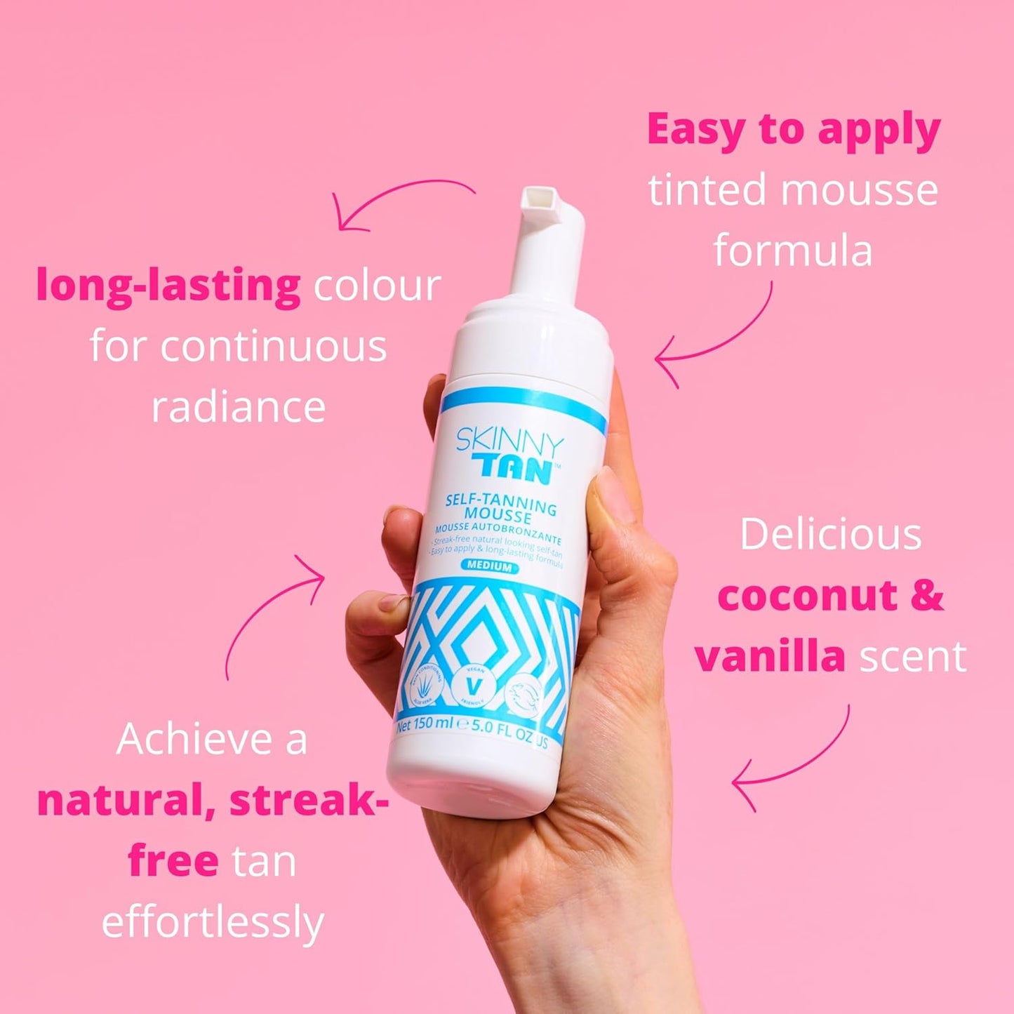 Skinny Tan Self-Tanning Mousse - Long-Lasting and Non-Drying Formula - Coconut and Vanilla Scent - Easy To Apply Luxurious, Foam Texture - Streak Free and Natural Looking Results - Medium - 5 oz