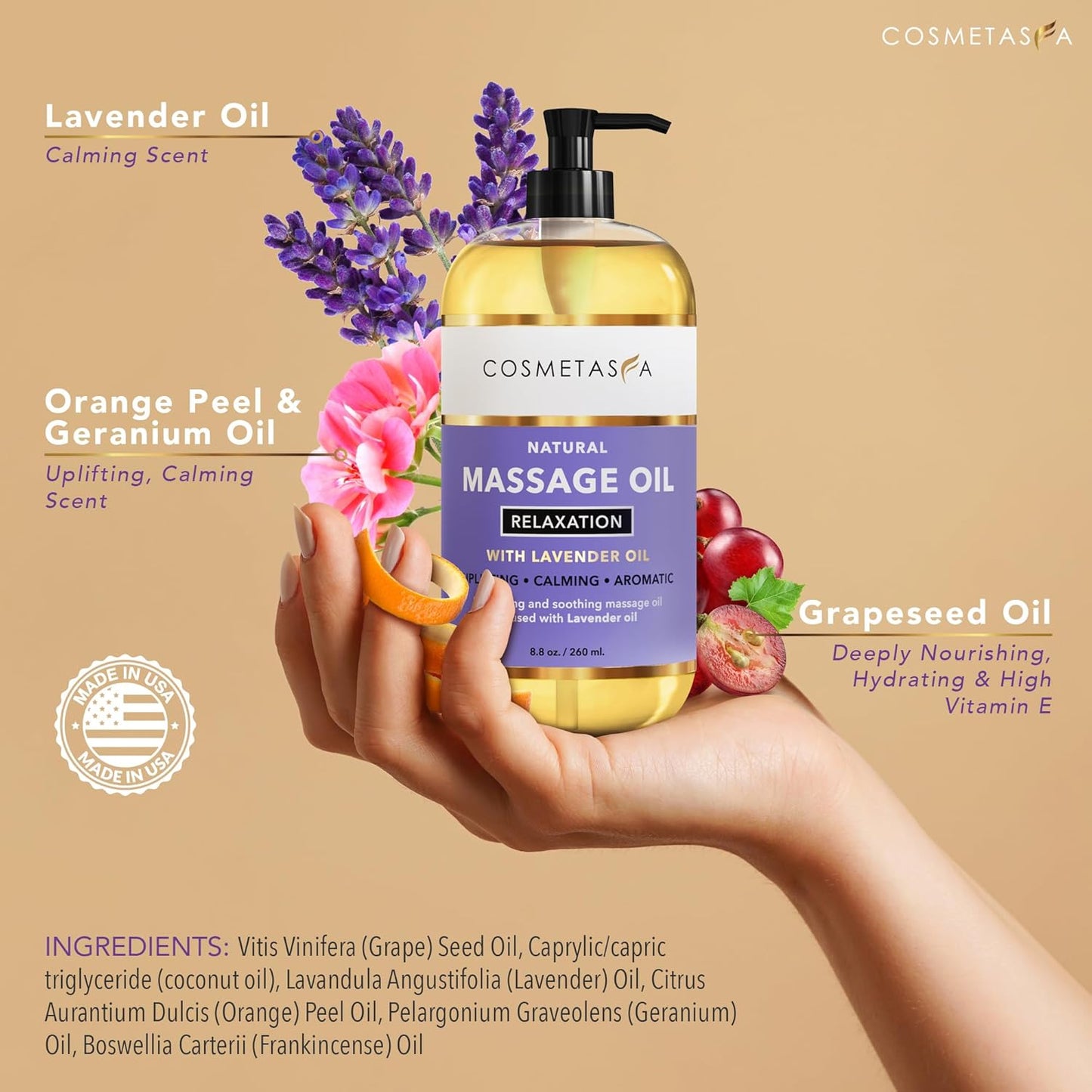 Cosmetasa Lavender Massage Oil for Massage Therapy - All Natural, Cruelty-Free & Spa Quality Skin Therapy Oil, Calming & Soothing Care - Lavender, Geranium & Grapeseed Oil (8.8 oz)