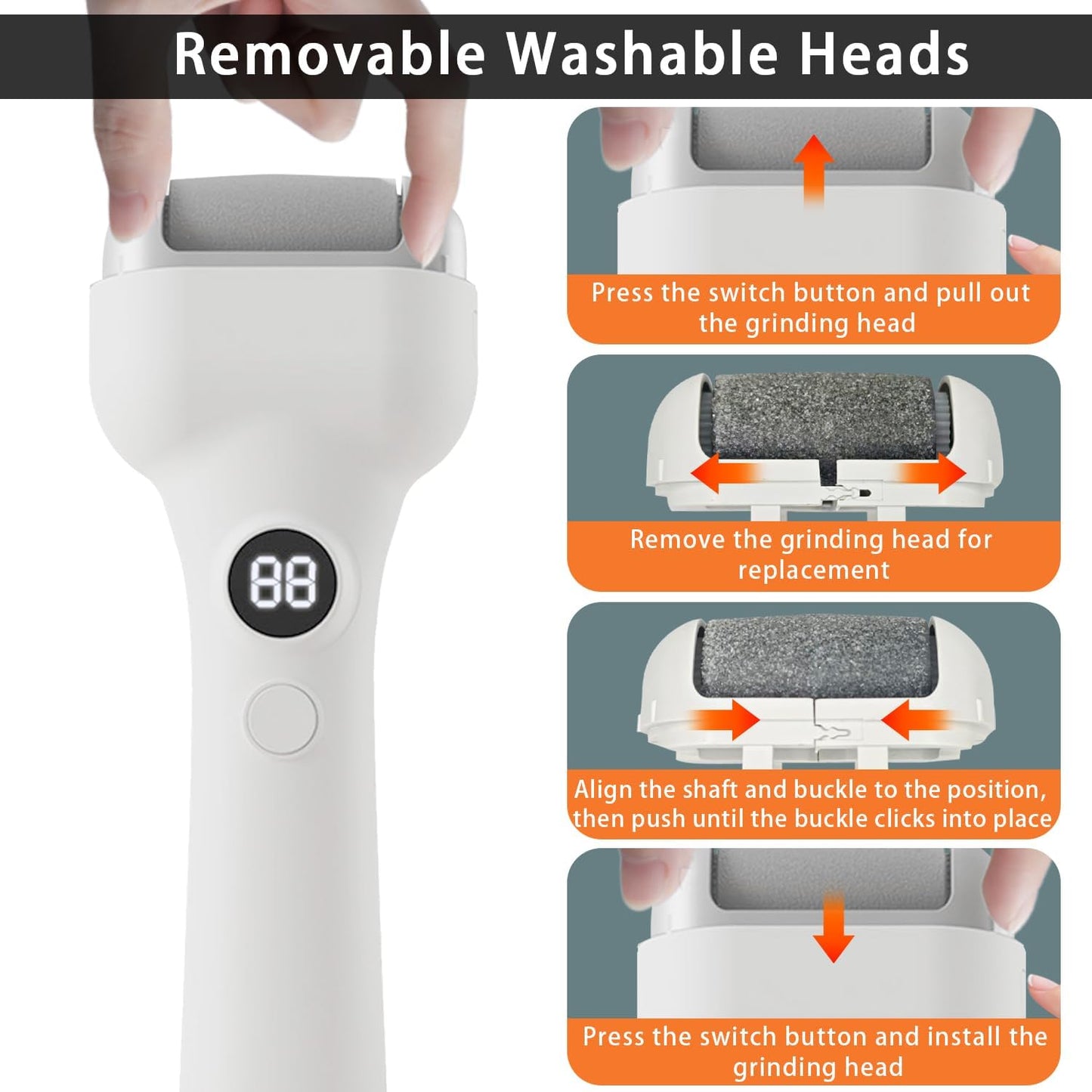 Electric Foot Callus Remover - Rechargeable Pedicure File, Waterproof Foot Scrubber File with 3 Grinding Heads, 3 Speeds - Portable Professional Feet Scraper Pedicure Kit for Cracked Dead Skin