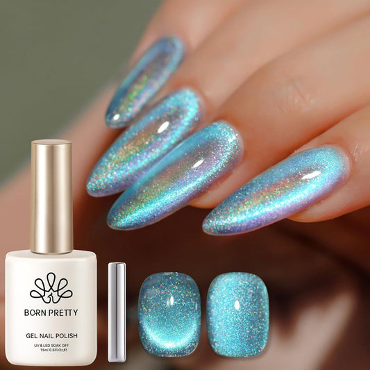 BORN PRETTY Blue Cat Magnetic Eye Gel Nail Polish, Rainbow Holographic Moonlight Glass Magnetic Gel Nail Polish 15ML | alldaygood beauty