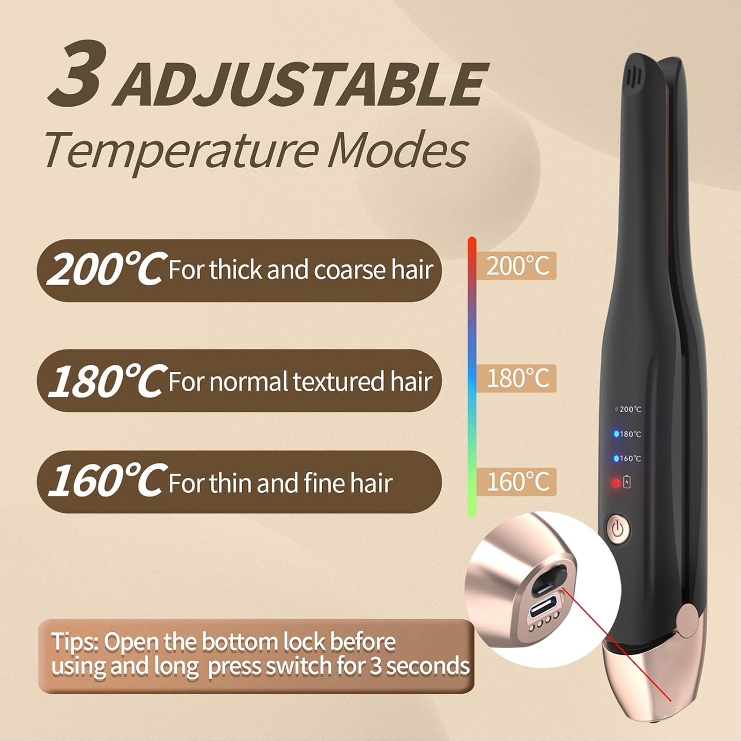 Mini Cordless Hair Straightener Portable Straight Curl Dual Purpose Hair Straightening Irons Fast Heating Hair Care with 3 Temperature Settings and Auto Shut-Off Hair Styling Tools for Women (Black)