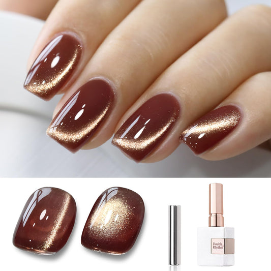 Double Rhythm 15ML Ice Glass Cat Eye Gel Polish with Magnet Holographic Glitter Shimmer Translucent Sheer Color Salon Soak Off Magnetic Nail at Home (Coffee Brown-MC1126) | alldaygood beauty