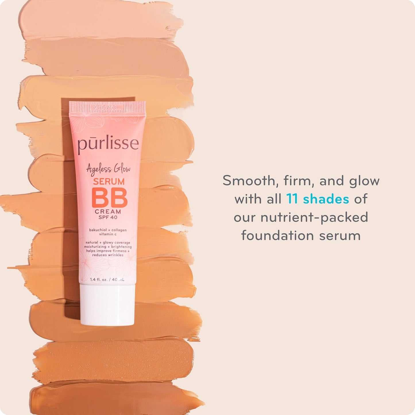 pūrlisse Ageless Glow Serum BB Cream SPF 40 - Glow BB Cream with SPF Enriched with Bakuchiol & Vitamin C to Help Improve Firmness & Reduce Wrinkles for Dewy Skin - Light (1.4 oz)